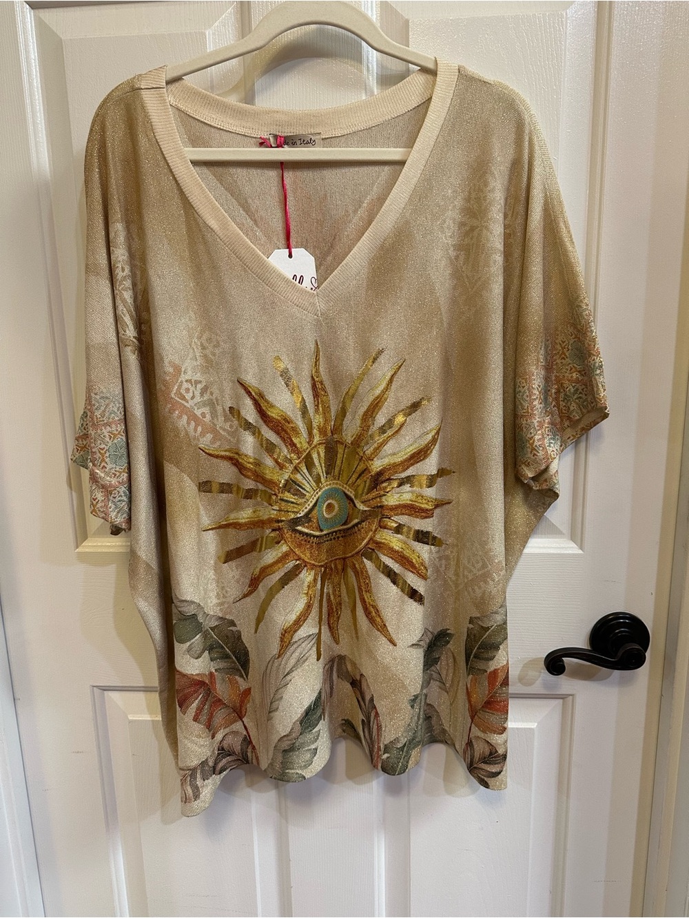 Boutique Yolly Made in Italy Sunburst V-Neck Women's Top Metallic NWT